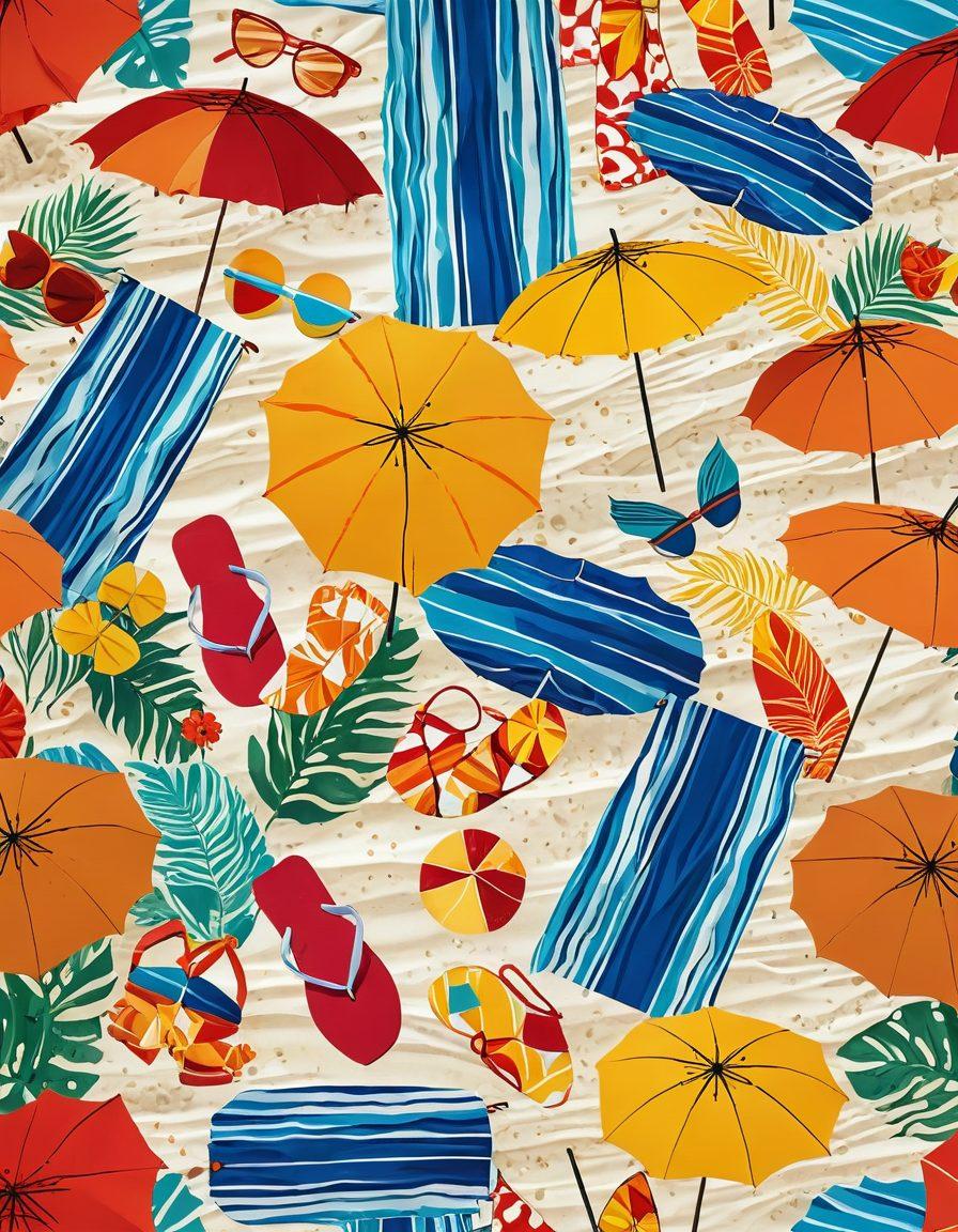 A sun-soaked beach scene featuring a diverse group of stylish individuals wearing a variety of luxurious yet affordable thongs and bikinis. Include vibrant beach umbrellas, shimmering waves, and colorful beach towels, evoking a sense of joy and relaxation. Showcase intricate designs and patterns of swimwear that blend elegance and affordability. The warm sun casts a golden glow, highlighting the summer vibe. vibrant colors. super-realistic.